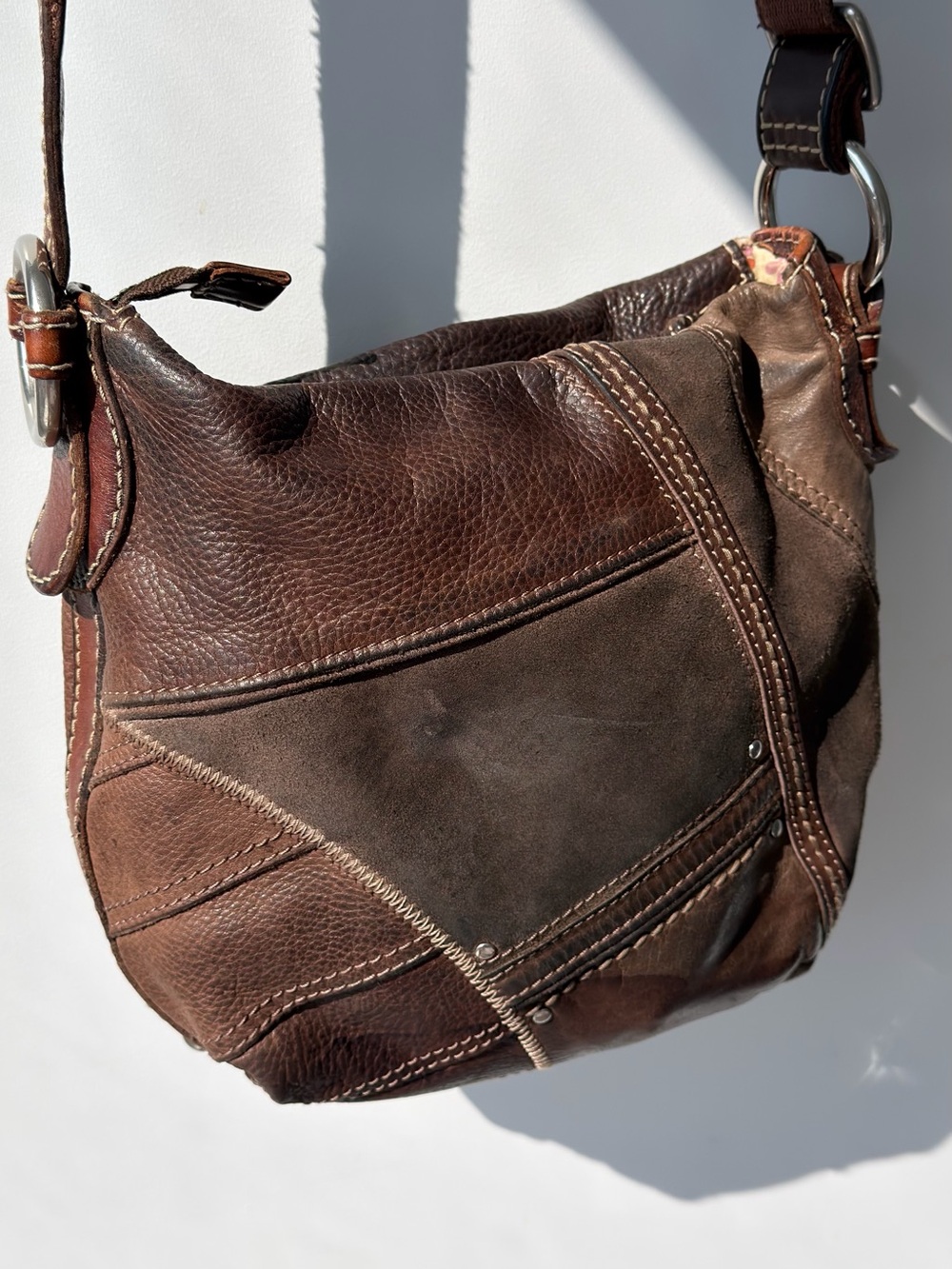Fossil Patchwork Brown Leather & Suede Messenger Bag - Picture 8 of 10
